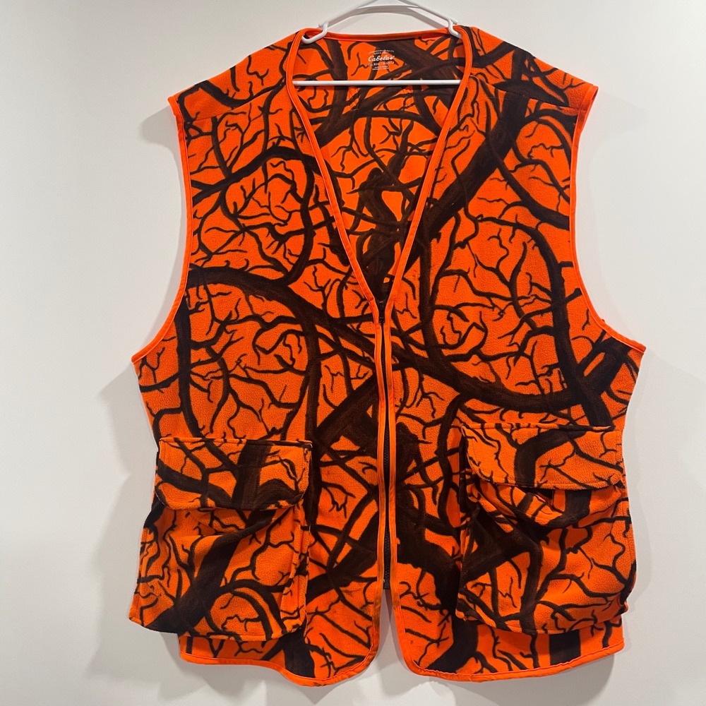 Cabelas Mens 3XL Blaze Orange Camo Fleece Hunting Vest Full Zip Cargo Pockets